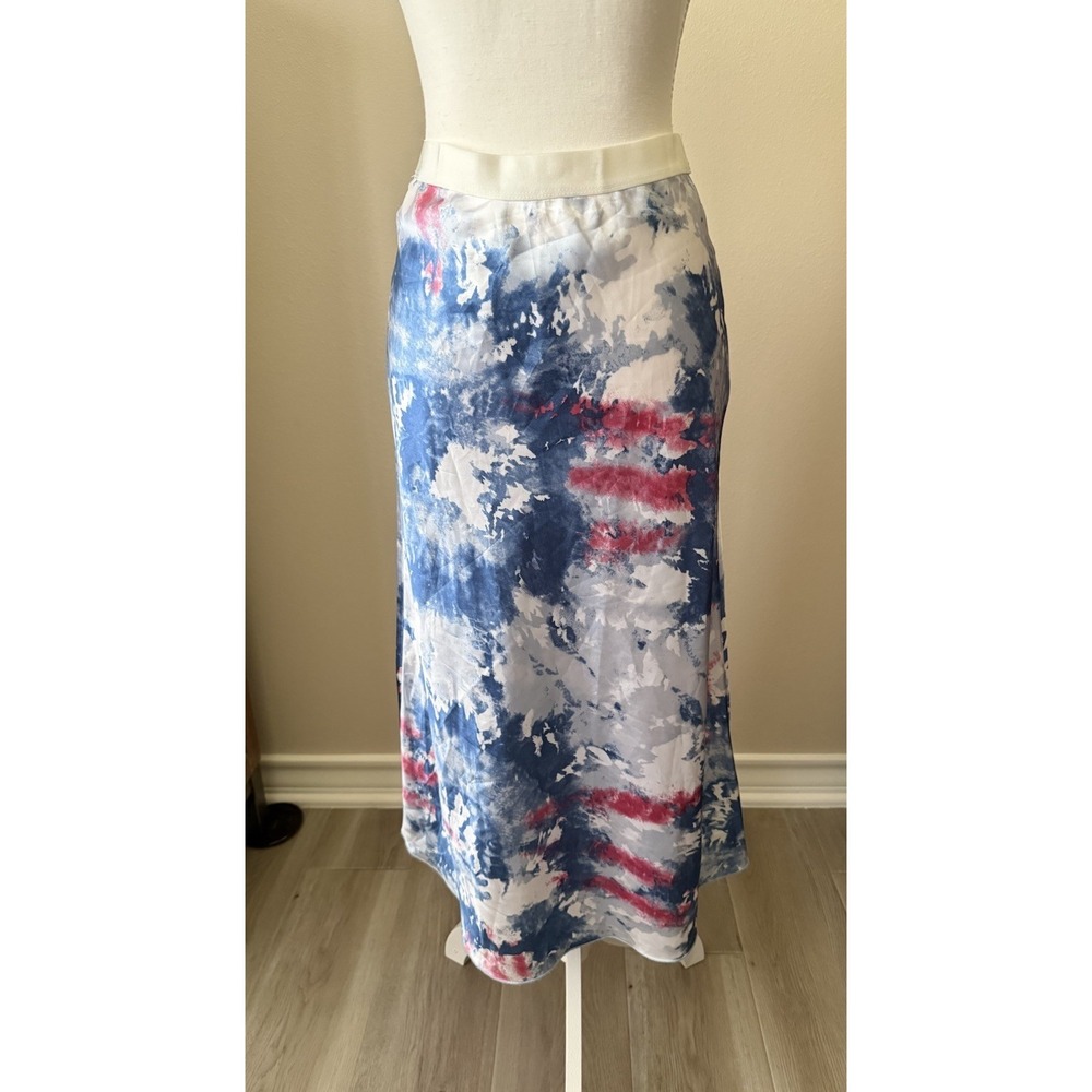 Knit Riot Graffiti Tie Dye Satin Midi Skirt Blue Red White Size S